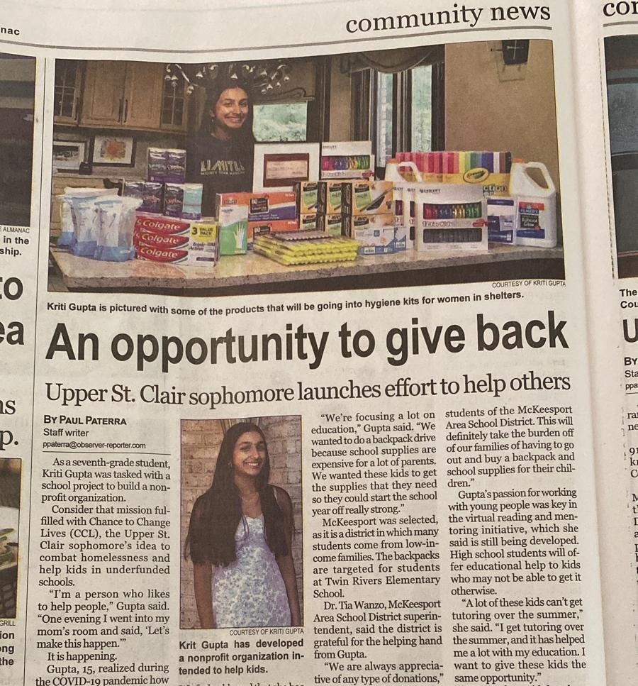 Newspaper article: An opportunity to give back — Upper St. Clair sophomore Kriti Gupta launches effort to help others